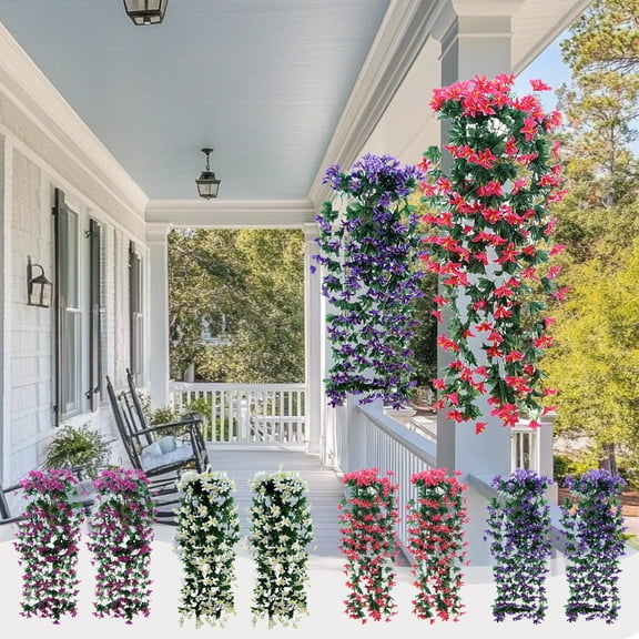 Artificial Lilies Wall Hanging Basket Set | Rattan Silk Flower Garland | Decorative Indoor Outdoor Arrangement | Hot Pink White Red Purple | 2 Pack | 30x30cm | Reusable Faux Blooms