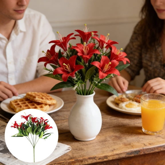 Artificial Lilium Flowers Fake Bouquet with Green Leaves Faux Floral Arrangement for Home Decor Vase Table Centerpiece 40cm Red