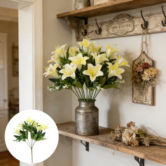Artificial Lilium Flowers for Home Decor, Fake Lily Bouquet with Green Leaves, 15.74 Inch Faux Floral Arrangement for Wedding Table Centerpiece