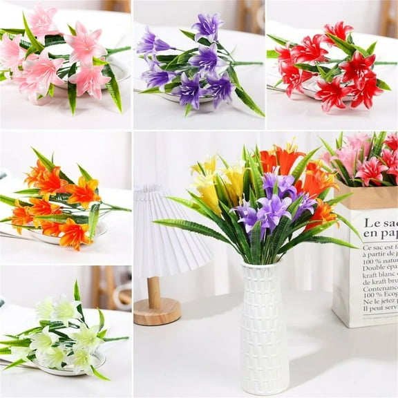 Artificial Lily Bouquet, Realistic Simulation With Green Stems, Leaves, Multiple Lily Blooms, And Natural Petal Details, Decorative Floral For Home Office Party Events