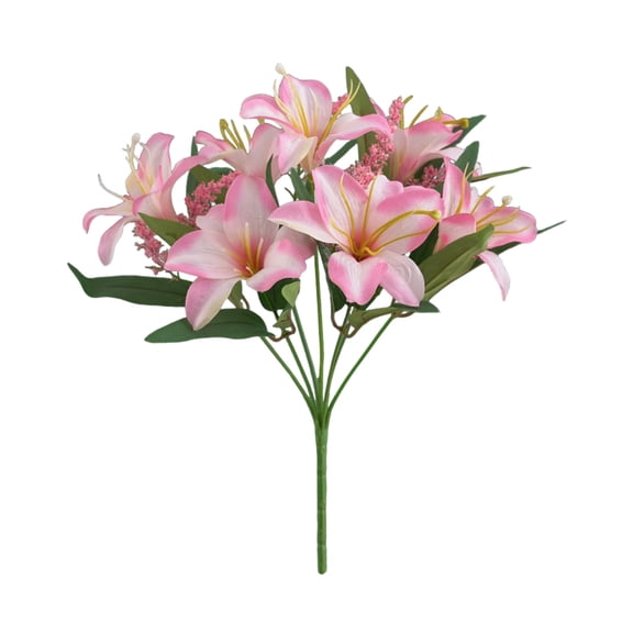 Artificial Lily Flower Bouquet Pink 7 Headed 12.5 Inch, Silk Flowers For Home Lifesize Floral Arrangements For Living Room Wedding