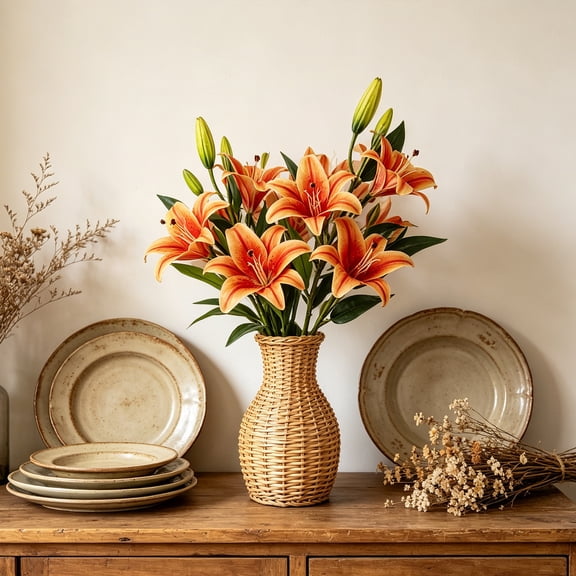 Artificial Lily Flower Ornament, highly realistic lifelike lily bloom, weather resistant maintenance free plastic material, multi-scene decorative flower for home hotel wedding garden indoor outdoor