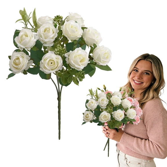 Artificial Long Stem Roses Bouquet, Real Touch Faux Silk Flowers for Wedding & Home Decor, Dining Table Centerpiece, Kitchen Decor & Floral Arrangement