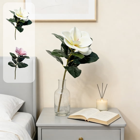 Artificial Magnolia Flowers, 14.2in Long, Faux Magnolia Stems, Silk Wedding Bouquet, Vase Floral Arrangement, Table Centerpiece for Home, Party & Holiday Decor, White or Pink, 1 Piece