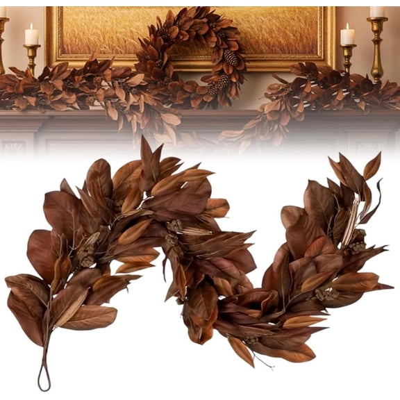 Artificial Magnolia Garland 72 Inch, 2Pcs Fall Leaves Garland Rustic Brown, Lifelike Autumn Decor for Fireplace Mantel Table Centerpiece Thanksgiving(Q)