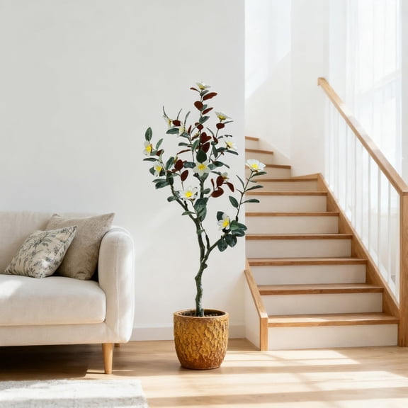 Artificial Magnolia Tree with Blooming Flowers and Leaves, Realistic Faux Plant in Pot for Home, Office, Garden, Party, Wedding, Hotel Décor