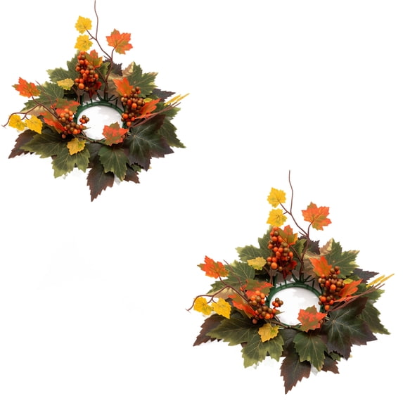 Artificial Maple Leaf and Berry Candle Wreath Set of 2 Warm Fall Tones Lightweight Reusable Plastic Foliage for Thanksgiving Centerpiece Autumn Table Holiday Decor
