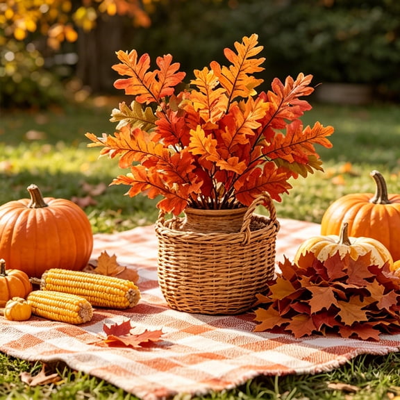 Artificial Maple Leaf Bouquet, Fall Decor, Autumn Garland, Table Centerpiece, Halloween Photography Props, Orange Yellow Red Plastic Foliage Bundle, 2Pcs
