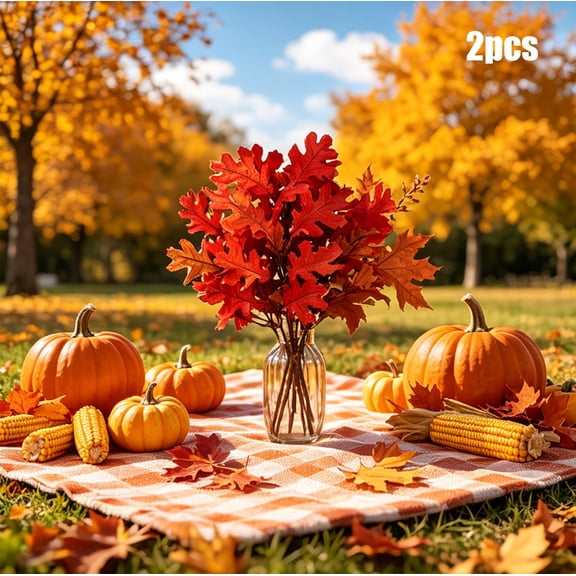 Artificial Maple Leaf Bouquet for Halloween Decor, 2Pcs Red Plastic Foliage Stems, 12.99 Inch Fall Table Centerpiece and Photography Props for Home Decor