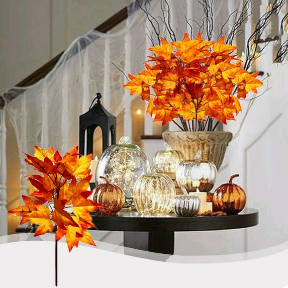 Artificial Maple Leaf Bouquet for Thanksgiving and Halloween Decorations, Fall Table Centerpiece, Autumn Home Decor with Plastic Maple Branches, Reusable Mantel Decoration