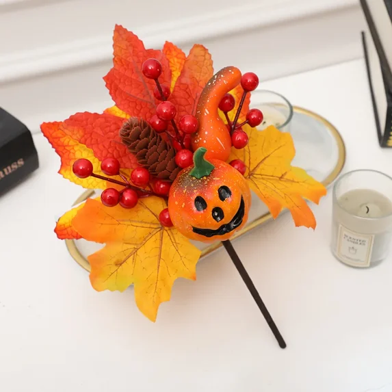 Artificial Maple Leaf Branches Pumpkin Berry Harvest Autumn Ornament Halloween Decor for Home Thanksgiving DIY Crafts Decoration (J2,20x29cm)