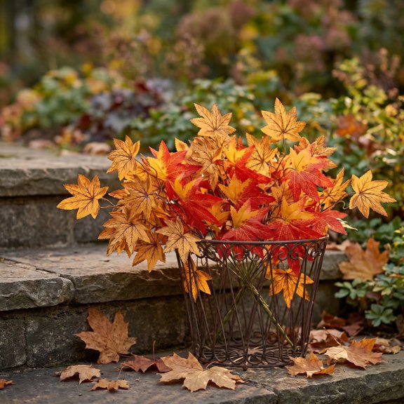 Artificial Maple Leaf Bundles, Fall Thanksgiving Decor, Fake Floral Branches for Yard Vase, Faux Red & Gold Foliage Leafs, Rustic Harvest Centerpiece​, B