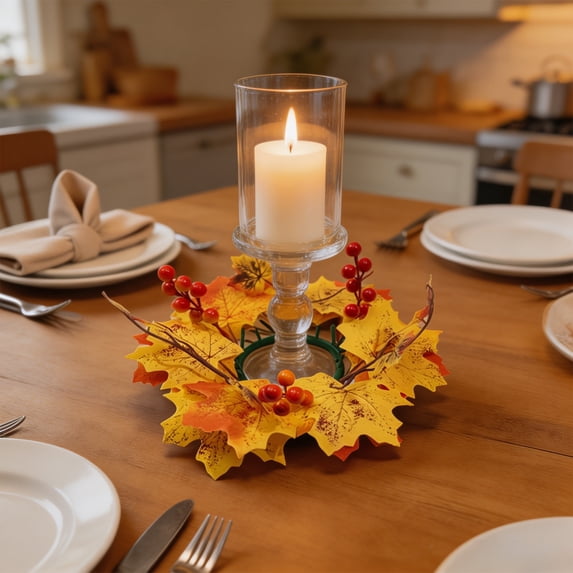 Artificial Maple Leaf Candle Holder Set, Fall Wreath Centerpiece For Table, Thanksgiving Party, Or Halloween Decoration