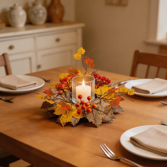 Artificial Maple Leaf Candle Holder Set, Fall Wreath Centerpiece For Table, Thanksgiving Party, Or Halloween Decoration