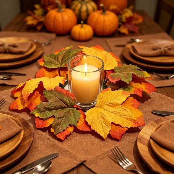 Artificial Maple Leaf Candle Wreath, Fall Candle Ring with Autumn Leaves & Berries, Halloween Thanksgiving Table Centerpiece Decor for Dining Table, Mantel, Home