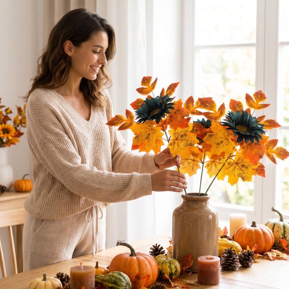 Artificial Maple Leaf Cutting, Simulated Fall Foliage Picks, Summer to Fall Transition Decor for Halloween, Thanksgiving, Home Vase Filler, Floral Arrangement & Seasonal Home Decoration, A