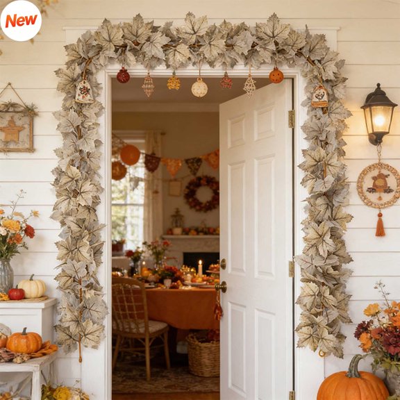 Artificial Maple Leaf Fall Garland, Flexible Plastic Autumn Foliage Vine, Hanging Decor for Thanksgiving Halloween Doorway Mantel Staircase Wedding Table Covered Porch Indoor Decoration