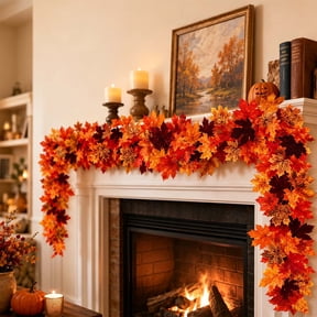 Artificial Maple Leaf Fall Garland, Flexible Realistic Foliage Hanging String for Mantel Doorway Porch Home Halloween Thanksgiving Decor