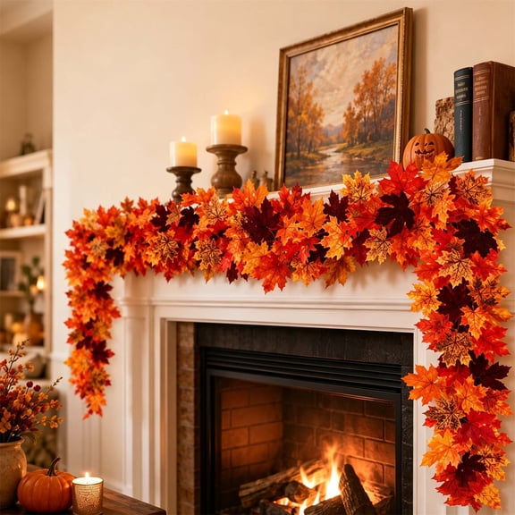 Artificial Maple Leaf Garland, Dense Textured Plastic Foliage, Wraps on Mantels Door Frames Porches, Reusable Fall Decoration, 68.90", Topliu
