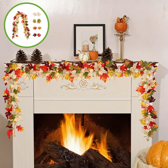 Artificial Maple Leaf Garland | Halloween Multicolor Rattan Hanging Vine with Mini Pumpkins | Faux Plastic Foliage Fall Decoration for Home Fireplace Party | 1pc 175cm (68.9in)