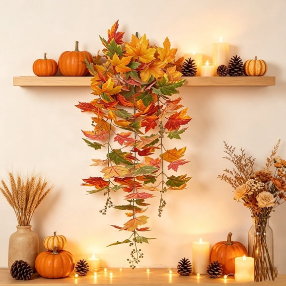Artificial Maple Leaf Garland Hanging Rattan Decor - Faux Fall Foliage Branch for Home Wall Decoration - Simulated Pronged Leaf Vine for Indoor Outdoor Garden Party Wedding Thanksgiving Decoration