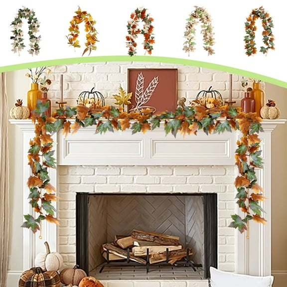 Artificial Maple Leaf Garland Hanging Rattan 鈥?Multicolor Fall Pumpkin Vine | Plastic Halloween Thanksgiving Fireplace Mantel Table Decor | 68.9in Long | Reusable Indoor Home Decoration