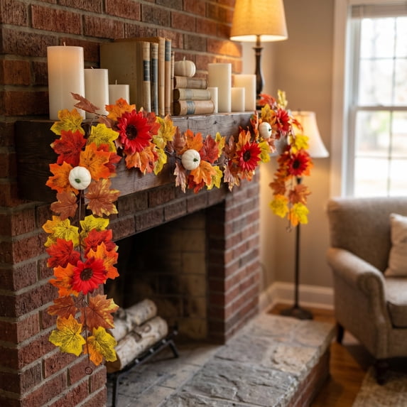 Artificial Maple Leaf Garland, Hanging with Sunflower and Mini Pumpkin Thanksgiving Wall Door Decor for Seasonal Celebrations, 100cm/39.4in