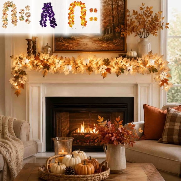 Artificial Maple Leaf Garland with LED String Lights, 3 Styles Fall Hanging Vine, Summer to Fall Decor for Thanksgiving Halloween/Staircase/Fireplace/Porch/Holiday Ambience Decoration, Black