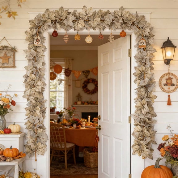 Artificial Maple Leaf Garland, Natural Autumn Foliage Vine, Classic Fall Home Decor, Rustic Hanging Ornament, Versatile Trim for Porch Wedding Table and Thanksgiving Scene Layout, White