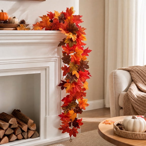Artificial Maple Leaf Garland, Realistic Fall Foliage Decoration With Flexible Shape Reusable Design, Seasonal Home Decor for Thanksgiving Halloween Party Table and Indoor Outdoor Spaces