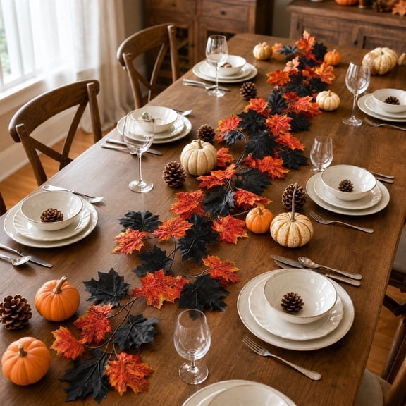 Artificial Maple Leaf Garland, Thanksgiving Halloween Seasonal Vine With Flexible Design Reusable Fall Decor, Fireplace Door Frame Table Centerpiece for Home Porch Party Autumn Decoration