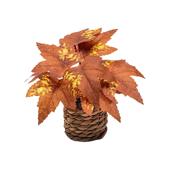 Artificial Maple Leaf Potted Plant, Brown and Red Gold Fall Foliage in Woven Basket, Thanksgiving Autumn Table Centerpiece