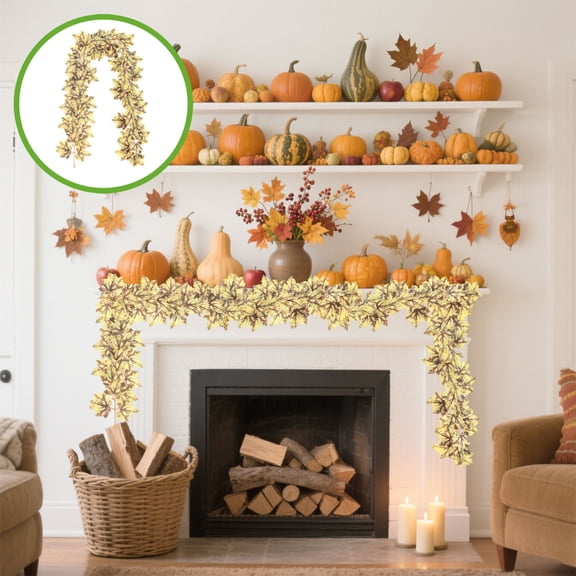 Artificial Maple Leaf Pumpkin Garland Hanging Rattan Vine Faux Autumn Foliage Decor for Halloween Thanksgiving Fireplace Wall Fence Arch Indoor Home Party Ornament Long Lasting No Fade Decorations
