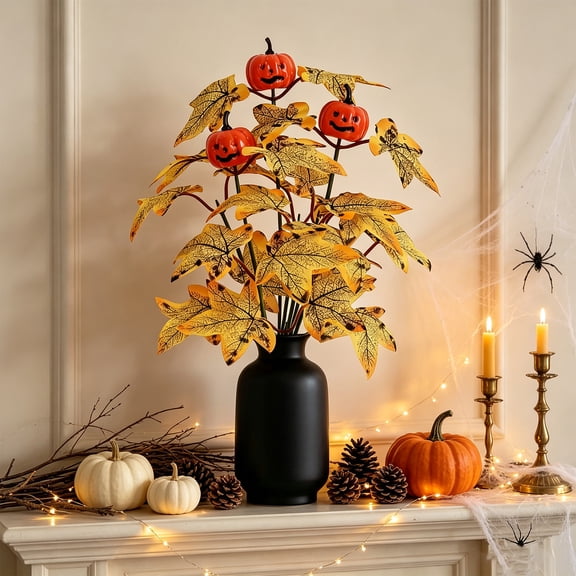 Artificial Maple Leaf Pumpkin Pick Stems with Bendable Wire and Fabric Leaves for Fall Halloween Thanksgiving Centerpiece