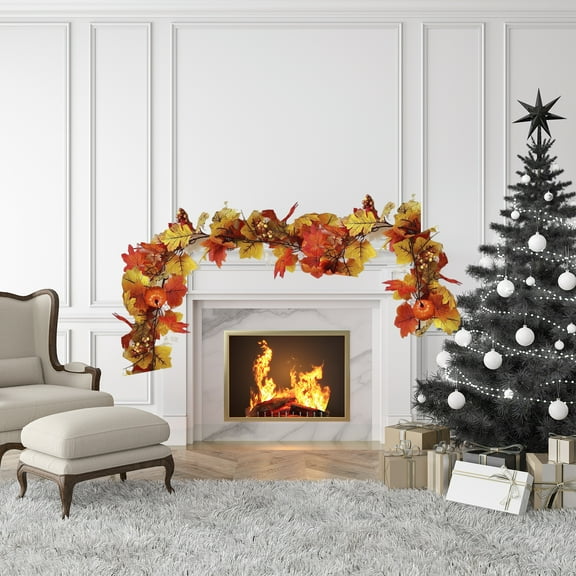 Artificial Maple Leaf Pumpkin Rattan Garland Thanksgiving Autumn Christmas Wedding Party Decoration, Vine Material Flexible Easy To Shape Hanging Or Wrapping, Front Door