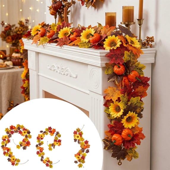 Artificial Maple Leaf Pumpkin Sunflower Garland, 78.74 in (200 cm), Thanksgiving Fall Vine for Mantel, Stair Rail and Door Decor, Style A