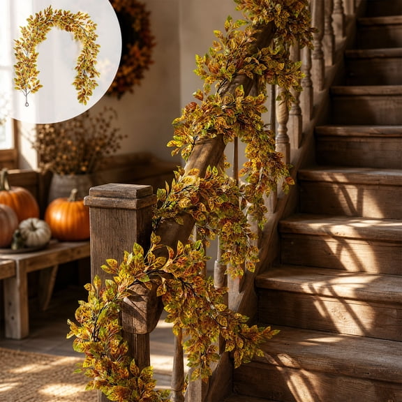 Artificial Maple Leaf Rattan Garland, Fall Simulation Vine with Autumn Maple Leaves, Holiday Decoration for Stair Railing Door Frame Window Wall Garden Home Decor