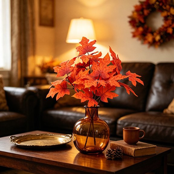 Artificial Maple Leaf Small Bouquet, Realistic Fall Faux Foliage with Orange Red and Warm Yellow Gradient Leaves for Thanksgiving Table Centerpiece