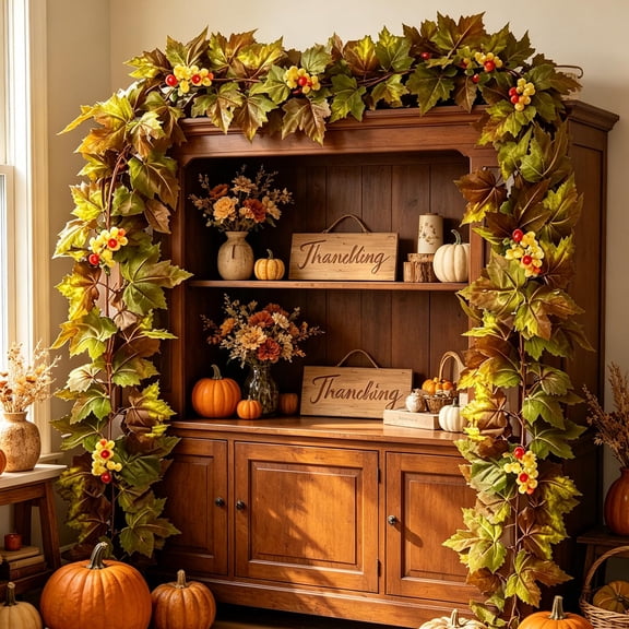 Artificial Maple Leaf Vine, Fall Fireplace Garland Decoration, Thanksgiving Hanging Rattan, Autumn Home Decor, Faux Leaf Branches Wall Table Ornament