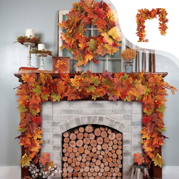 Artificial Maple Leaf Wreath 68.9 Inch Fall Crop Ornament, Thanksgiving Hanging Ivy Wicker for Mantel Stair Door Window Home Fall Foliage Decor