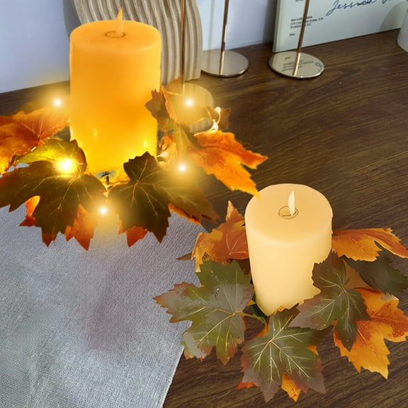 Artificial Maple Leaf Wreath with Candlestick Holder, Rustic Fall Decor for Thanksgiving Table Centerpiece, Autumn Home Setting and Mantel Display, Harvest Party Favor and Seasonal Akmoler