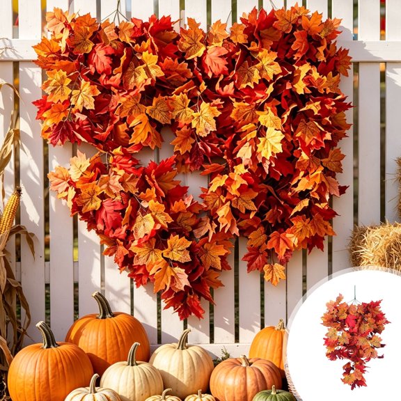Artificial Maple Leaf Wreath Decor, 29.5 Inch Fall Harvest Hanging Foliage Garland with Warm Tones for Indoor Wall Door and Shelf Decoration During Autumn Thanksgiving Festival