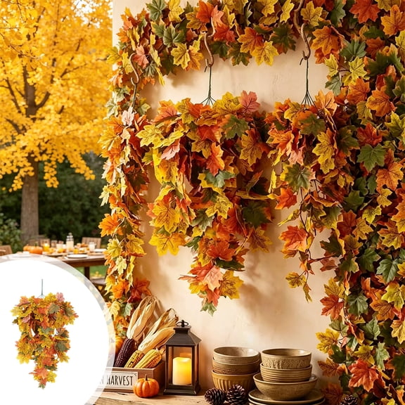 Artificial Maple Leaf Wreath Harvesting Festival Fall Wood Wreath Wicker Multicolor Plastic 29.5 Inch 1 Count