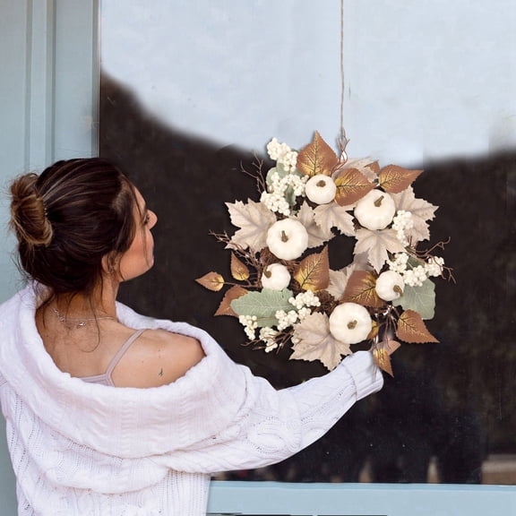 Artificial Maple Leaf and Berry Wreath with White Pumpkin Accent 12-Inch Farmhouse Door Hanger for Fall Halloween and Seasonal Home Decor