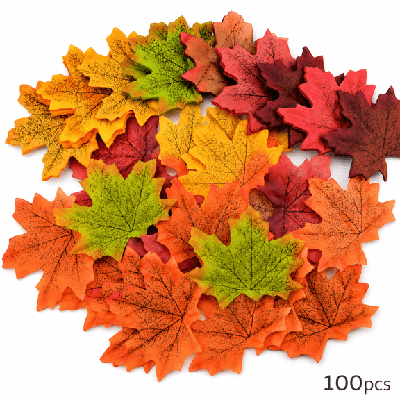 Artificial Maple Leaves, 100 Pcs Faux Autumn Leaves with Flexible Stems, Realistic Double-Sided Maple Foliage for Halloween, Thanksgiving, Christmas, Wreaths, Garlands and DIY Decorations