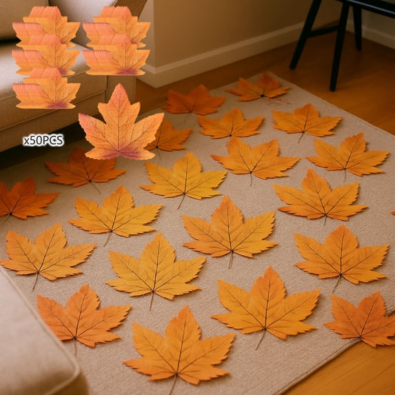 Artificial Maple Leaves 50 Pcs, Fake Fall Leaves for Thanksgiving Counter Decor, Faux Fall Foliage for Wedding Party & Crop Season Home Decorations