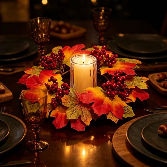 Artificial Maple Leaves and Berries Candle Rings, 11" Wide Autumn Wreaths, Fall Candle Holders, Farmhouse Thanksgiving Candle Holder Wreaths, Wedding Centerpiece Table Door, Halloween Decoration