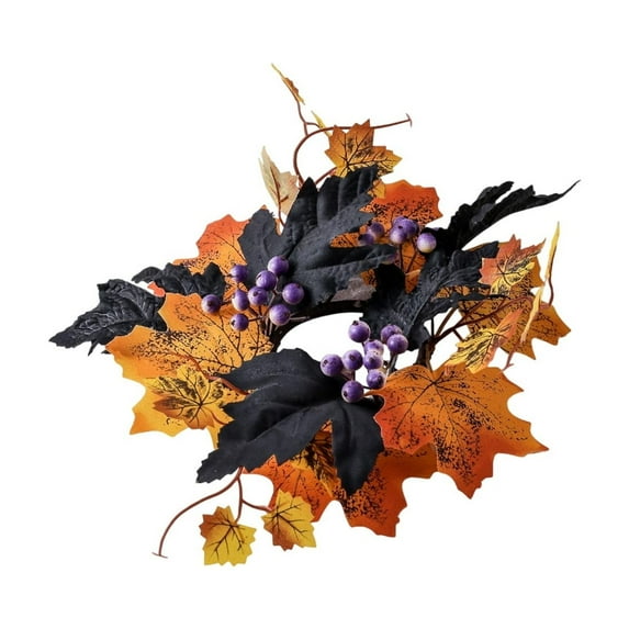 Artificial Maple Leaves and Berries Candle Rings, Fall Candle Holders Small Candle Wreath Rings for Farmhouse Fall Thanksgiving Halloween Wedding Centerpiece Table Decor