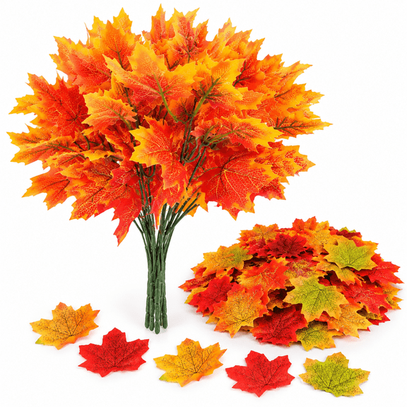 Artificial Maple Leaves Branch 4 Pcs 7 Forks Faux Fall Plants Stem with 100 Pcs Maple Dcor Outdoor UV Resistant Greenery Shrubs Plants for Home Festival Autumn Thanksgiving Centerpieces Decor