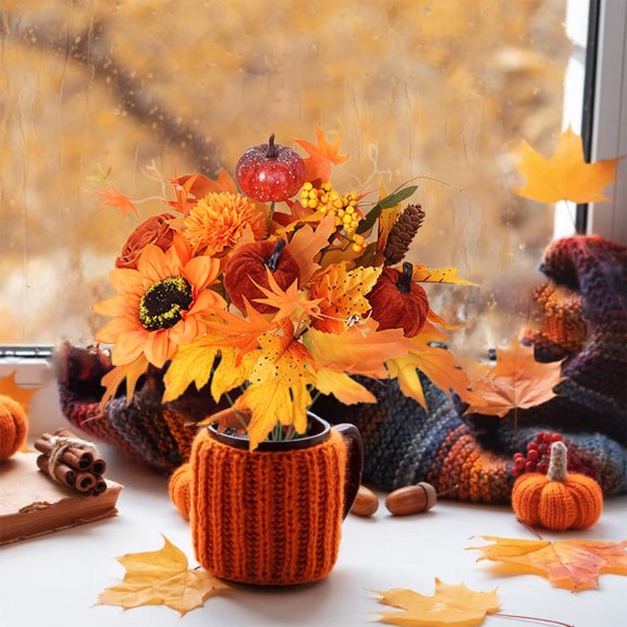 Artificial Maple Leaves Branches 16.9in Fake Fall Leaves Stems Plants Outdoor Greenery for Home Kitchen Farmhouse Thanksgiving Table Centerpiece Fireplace Halloween Décor Orange